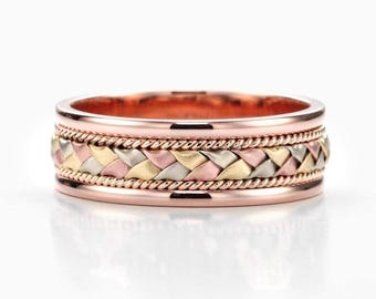 Three Tone Braided Wedding Band Gold 10k, Rose Gold Wedding Band Tricolor