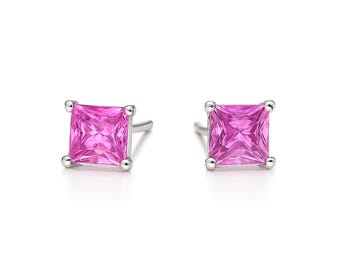 Pink Sapphire Stud Earrings Gold 14k, White Gold Plain Square Earrings