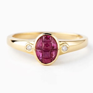 Vintage Diamant und Rubin Ring Gold 585, Gelbgold Rot Edelstein Ring, Vintage Schmuck