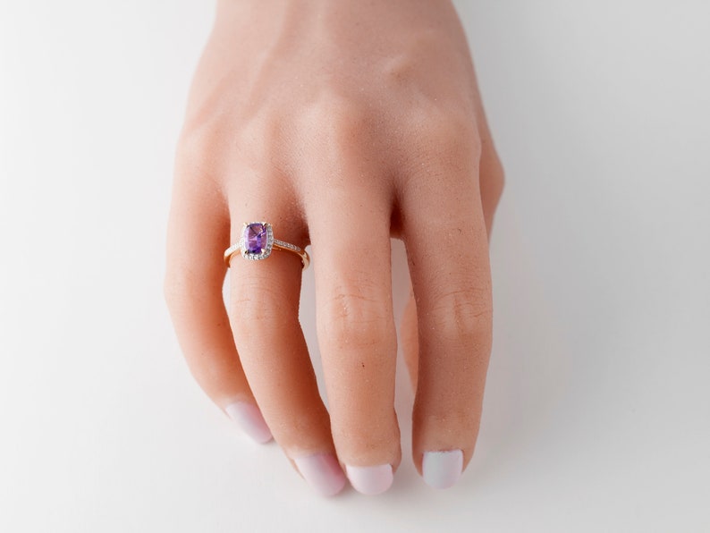 Diamond And Amethyst Ring Gold 10k, Amethyst Emerald Cut Solitaire Ring, Lady's Rings image 5