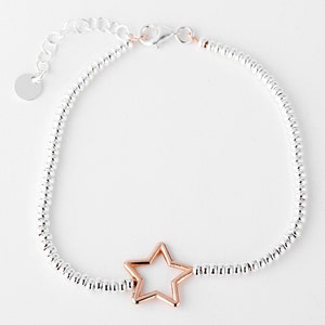 Silver and Rose Gold Star Bead Bracelet, 925 Bead Bracelet, Extendable image 1