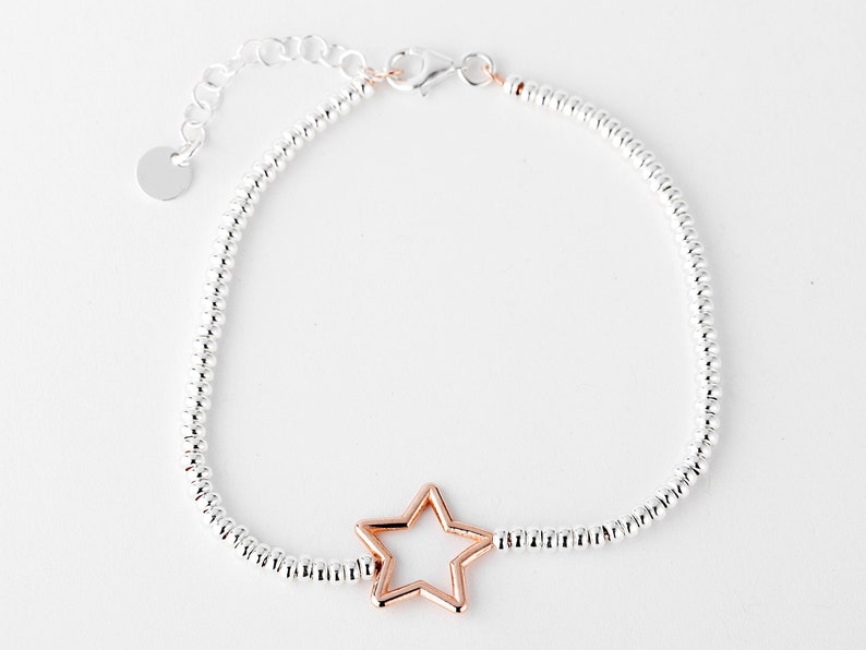 Silver and Rose Gold Star Bead Bracelet, 925 Bead Bracelet, Extendable image 1