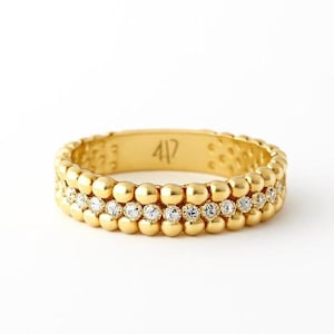 Beaded Half Eternity Ring Gold 10k, Yellow Gold CZ Band, Women&#39;s Stackable