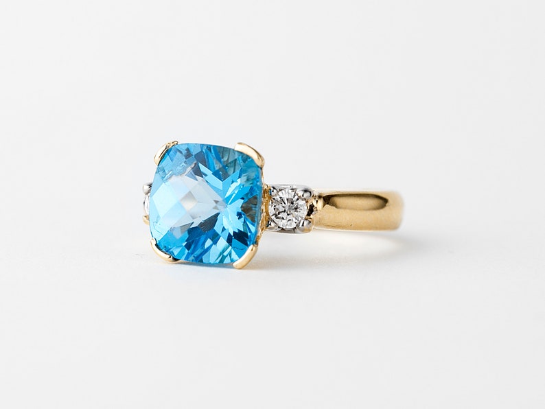 Blue Topaz and Diamond Ring Gold 14k, Cushion Cut Blue Topaz Ring, Cocktail Ring image 4