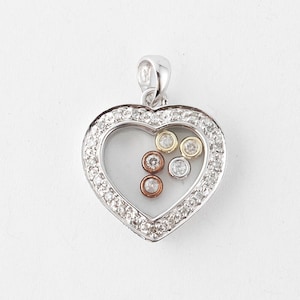 Vintage Happy Diamond Heart Pendant Gold 14k,  White Gold Tricolor Unique Dancing Pendant Glass Charm, Vintage Jewelry