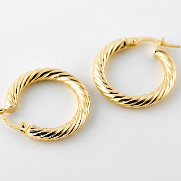 Braided Hoop Earrings Gold 10k, Yellow Gold Light Hoops, 20mm, 25mm, 30mm