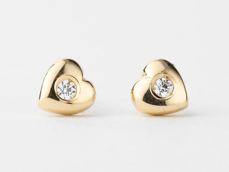 Diamond Heart Stud Earring Gold 10k, Yellow Gold Earring, Love Jewelry image 1