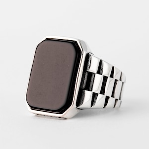 Men&#39;s Silver Onyx Ring 925 Silver, Men&#39;s Rectangle Black Stone Ring, Oxidized Men&#39;s Ring
