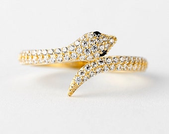 Diamond Snake Ring Gold 10k, Yellow Gold CZ Ring, Women's Stackable