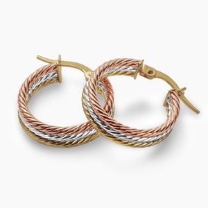 Braided Hoop Earrings Gold 10k, 3 Tone Hoops, Yellow, White, Pink