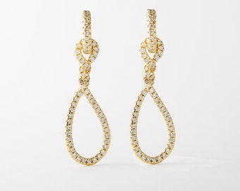 Diamond Braided Drop Earrings Gold 14k, Rope Dangle Earrings, Women's Earrings