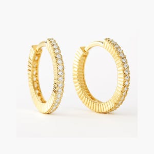 Shiny Diamond Huggie Hoops Earrings, Gold 10k CZ Hoops, 14mm, 16mm, Women's Earrings