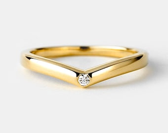 Sierlijke Diamond Chevron Solitaire Ring Goud 10k, Stapelbare Gebogen Diamanten Ring, Rose Goud, Geel Goud, Wit Goud
