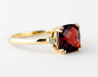 Diamond And Garnet Ring Gold 10k, Garnet Cushion Solitaire Ring, Lady's Rings