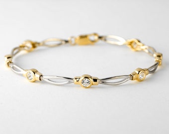 Vintage Diamond Tennis Bracelet Gold 14k, Two Tone Bezel Bracelet , Vintage Bracelet