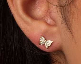 Diamond Butterfly Stud Earrings Gold 10k, Cz Studs, Yellow, White