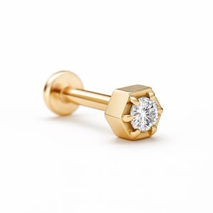 Diamond Hexagon Labret Stud Earring 14k, 3mm Cartilage, 18G Labret Stud, Helix Stud, Tragus Stud, 14k Solid Gold, Internal Thread