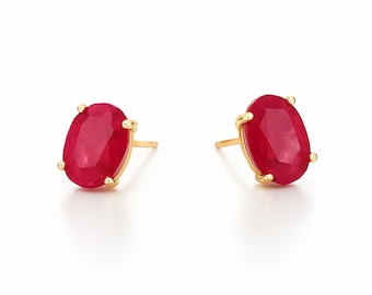Plain Oval Ruby Stud Earrings Gold 14k, Simple Yellow Gold Solitaire Ruby Earrings