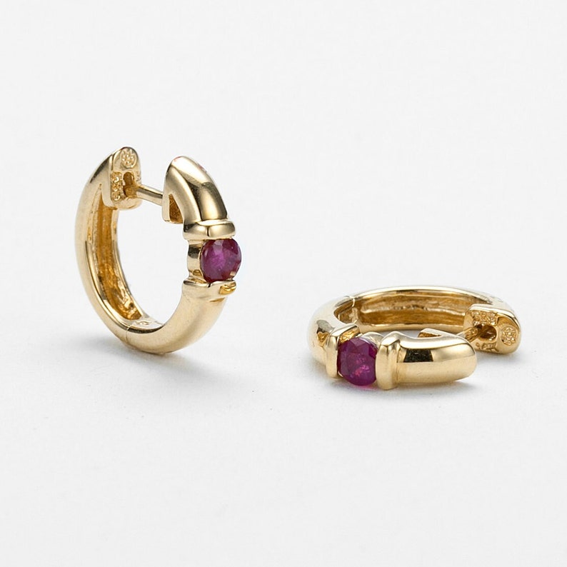 Small Ruby Hoop Earrings Gold 14k, Yellow Gold Huggie Earrings, Tiny Hoops image 1