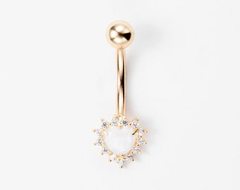 Diamond and Opal Heart Belly Ring Solid Gold 14k, Body Jewelry, Cz Heart Jewelry, Gift For Her