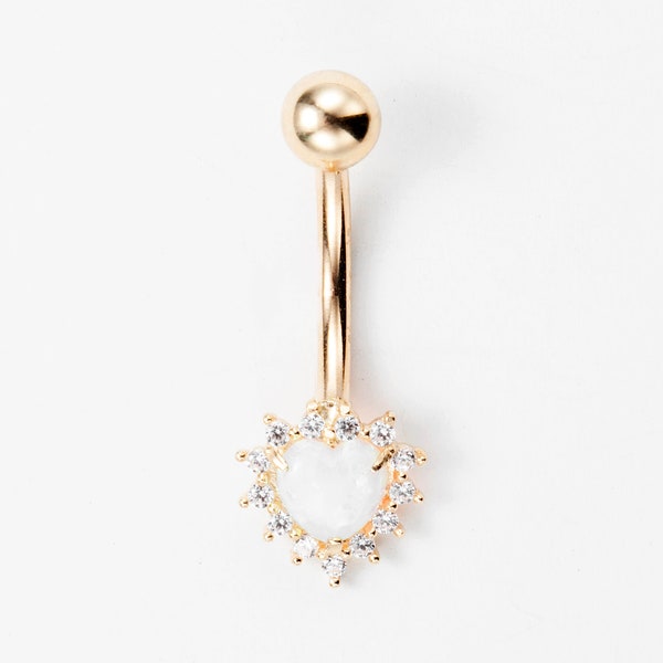Diamond and Opal Heart Belly Ring Solid Gold 14k, Body Jewelry, Cz Heart Jewelry, Gift For Her