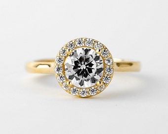 Round Halo Cz Engagement Ring Gold 10k, 1.00ct Diamond Solitaire Ring, Ladies Rings