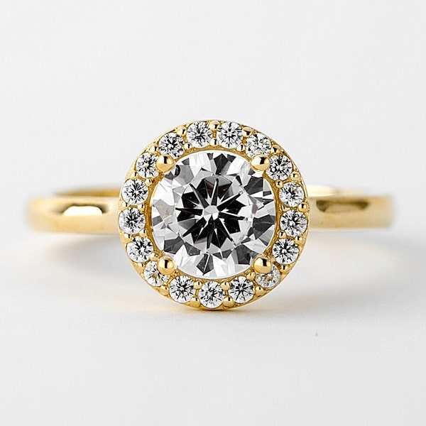 Round Halo Cz Engagement Ring Gold 10k, 1.00ct Diamond Solitaire Ring, Ladies Rings