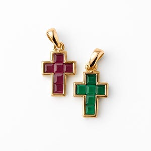 Ruby and Emerald Sapphire Cross Pendant, Gold 14k, Simple Minimalist Cross Necklace