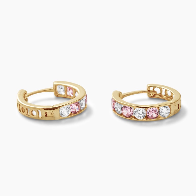 Pink Sapphire and Diamond Hoops Gold, 9mm-11mm-13mm, Hoop Earrings, Small Huggies, Earrings For Kids, White Gold, Yellow Gold, Tourmaline image 2