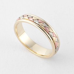 Three Tone Braided Wedding Band Gold 10k, 4mm Tricolor Ring, Yellow Gold Wedding Band image 1