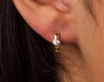 Solitair Diamond Huggies, Solid 10k Gold, Diamond Hoop Earrings, Minimalist Earrings, Yellow Gold, White Gold, Cz Huggies