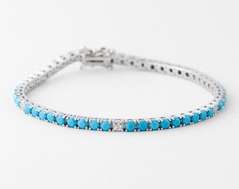 Turquoise and Diamond Tennis Bracelet 925, Diamond Bracelet, Sterling Silver Bracelet