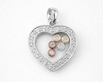 Vintage Happy Diamond Heart Pendant Gold 14k,  White Gold Tricolor Unique Dancing Pendant Glass Charm, Vintage Jewelry