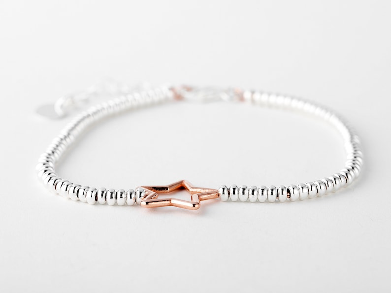 Silver and Rose Gold Star Bead Bracelet, 925 Bead Bracelet, Extendable image 2