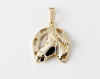 Horseshoe Pendant Gold 10k, Horse Charm Necklace, Animal Jewelry