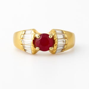Vintage Ruby and Diamond Solitaire Ring Gold 14k, Yellow Gold Red Ruby Ring, Vintage Jewelry