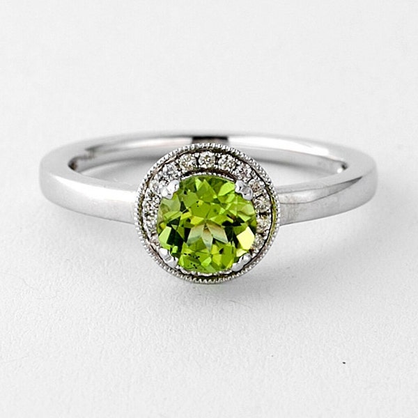 Diamond And Peridot Halo Ring Gold 14k, Green White Gold Solitaire Ring, Lady's Rings