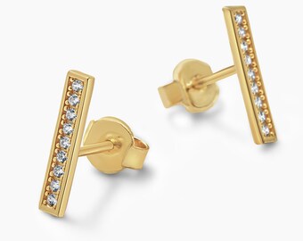 Dainty Diamond Bar Stud Earrings, Small Cz Stick Earrings, 10k Yellow Gold, 10k White Gold