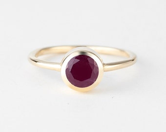 Bezel Ruby Ring Gold 10k, Round Red Ruby Solitaire, Ladies Ring