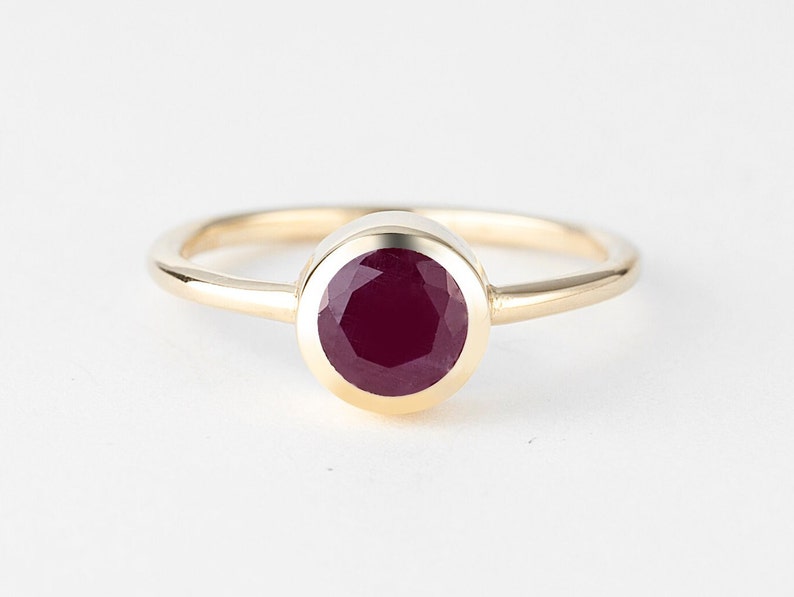 Bezel Ruby Ring Gold 10k, Round Red Ruby Solitaire, Ladies Ring image 1