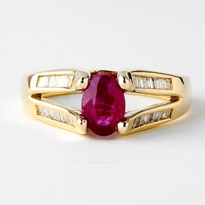 Vintage Diamond and Ruby Ring Gold 14k, Yellow Gold Red Gemstone Ring, Vintage Jewelry
