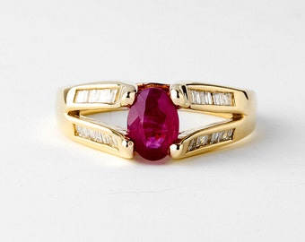 Vintage Diamond and Ruby Ring Gold 14k, Yellow Gold Red Gemstone Ring, Vintage Jewelry