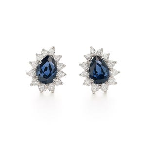 Sapphire and Diamond Pear Stud Earrings Gold 14k, Blue Sapphire Halo Earrings
