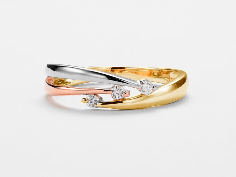 3 Tone Diamond Engagement Ring Gold 10k, Trinity Diamond Ring, Dainty Diamond Ring, Rose Gold, Yellow Gold, White Gold, 10k Diamond Ring image 1