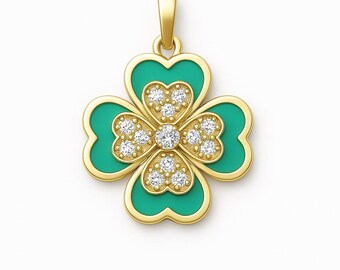 Four Leaf Clover Pendant Gold 10k, Turquoise Charm Pendant Yellow Gold