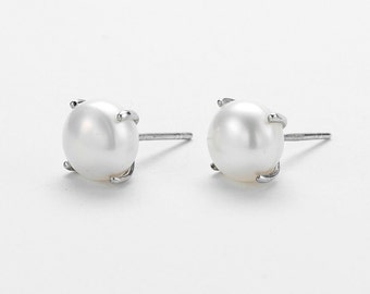 Pearl Claw Set Stud Earrings Silver 925, Simple Pearl Studs, Freshwater White Pearls