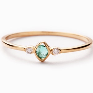 Emerald and Diamond Marquise Ring, Gold 14k, Dainty Stackable Gemstone Ring