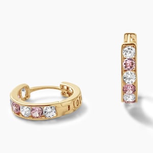 Pink Sapphire and Diamond Hoops Gold, 9mm-11mm-13mm, Hoop Earrings, Small Huggies, Earrings For Kids, White Gold, Yellow Gold, Tourmaline image 1