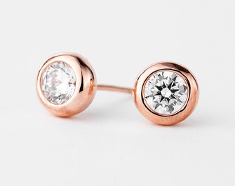 Diamond Bezel Stud Earrings 925 Silver, Rose Gold, White Gold, Cz Studs