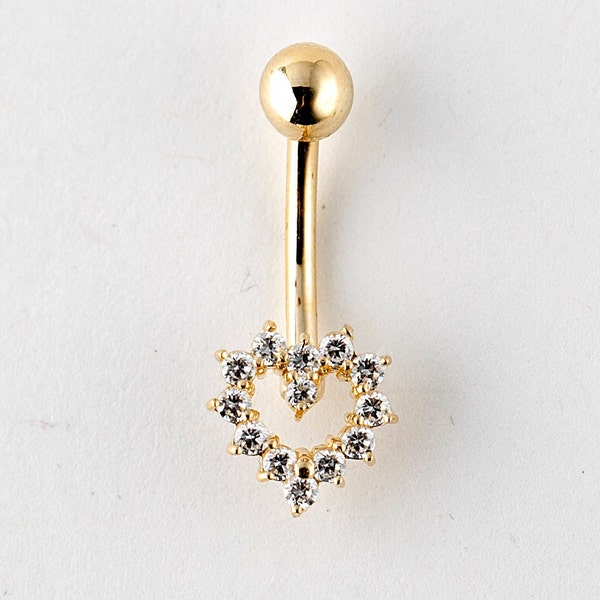 Diamond Heart Belly Ring Solid Gold 14k, Body Jewelry, Cz Heart Jewelry, Gift For Her